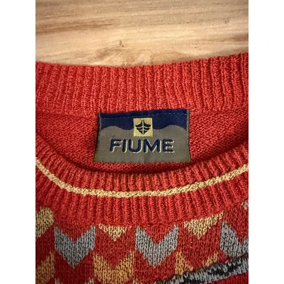 Vintage Fiume Italy Geometric Abstract Knit Sweater Red Multi Color Mens XL - Picture 2 of 7